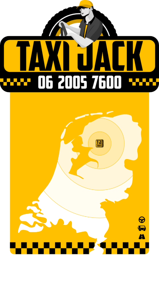 Taxi Jack vervoersdienst logo met kaart van Nederland en telefoonnummer 06 2005 7600